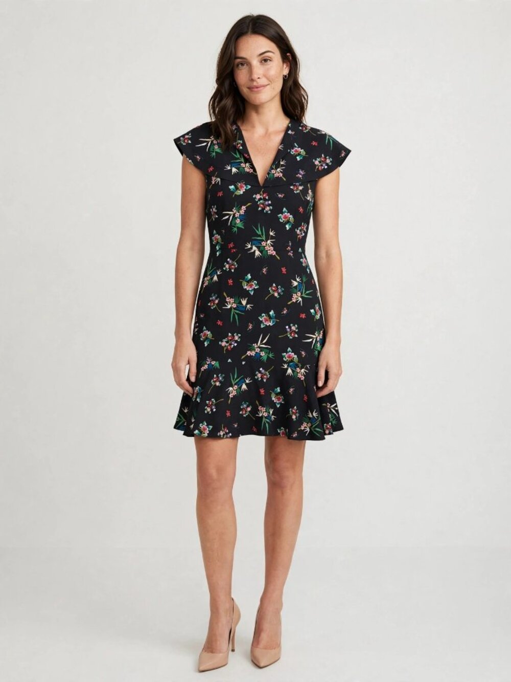 RED VALENTINO Black Floral Ruffle Dress | V-Neck Flounce | Women 8